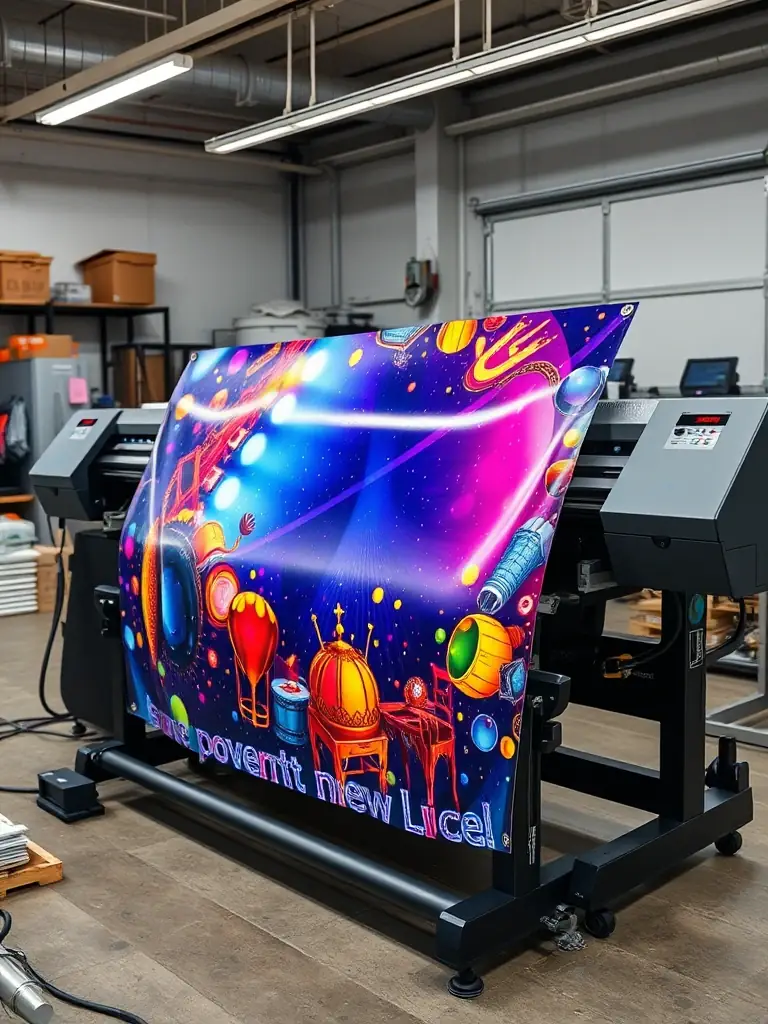 A close-up of a wide-format printer producing a large poster with vivid graphics, demonstrating the capability for large-scale visual communication.