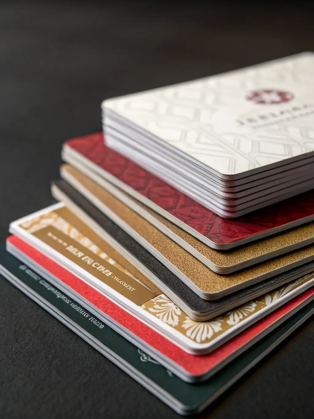 A selection of business cards with different finishes (matte, glossy, embossed) displayed on a table, highlighting the tactile and visual appeal of specialty printing.