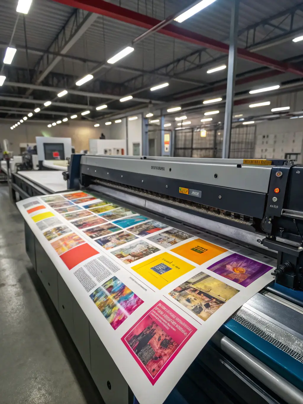 Close-up shot of a digital printing machine in action, printing vibrant colors on a flyer for a local event. The focus is on the precision and speed of the digital printing process.
