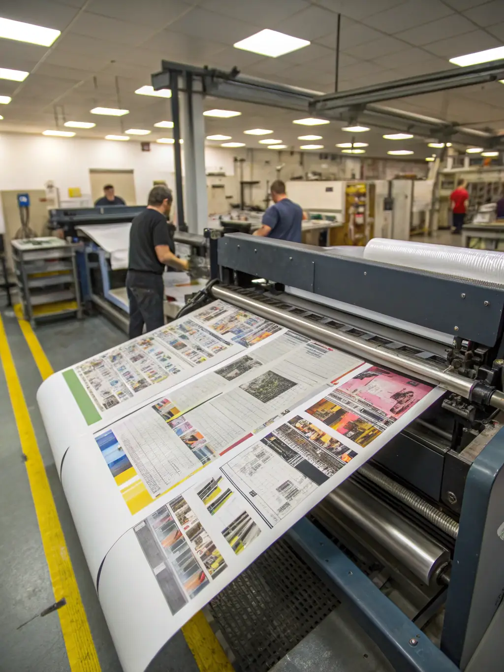 Image of an offset printing press with large rolls of paper, showcasing the scale and efficiency of offset printing for large volume jobs.